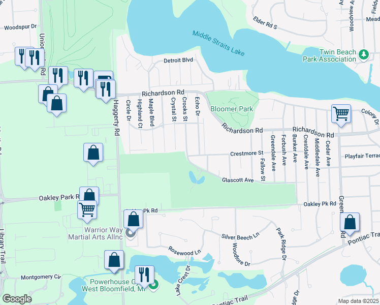 map of restaurants, bars, coffee shops, grocery stores, and more near 7650 Glascott Avenue in West Bloomfield Township
