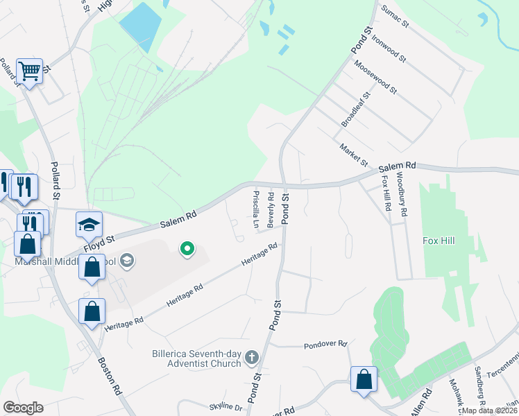 map of restaurants, bars, coffee shops, grocery stores, and more near 8 Priscilla Lane in Billerica