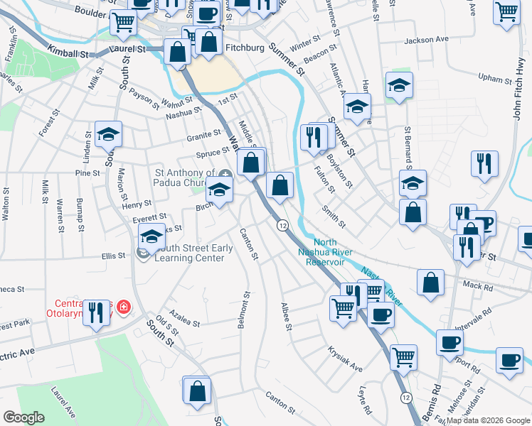 map of restaurants, bars, coffee shops, grocery stores, and more near 475 Water Street in Fitchburg