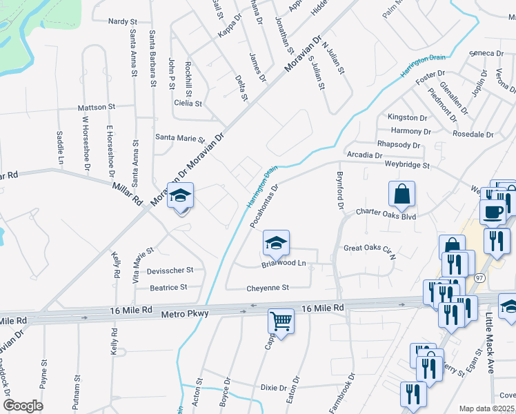 map of restaurants, bars, coffee shops, grocery stores, and more near 37621 Pocahontas Drive in Clinton Township