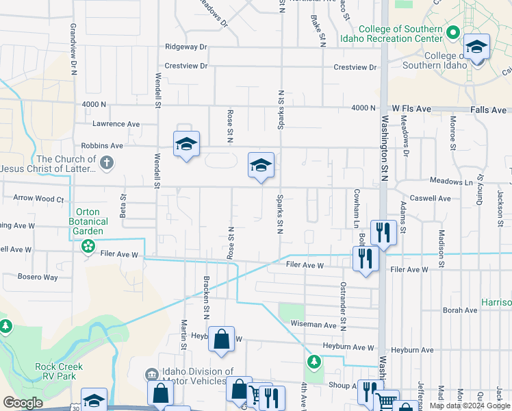 map of restaurants, bars, coffee shops, grocery stores, and more near 628 Paradise Place in Twin Falls
