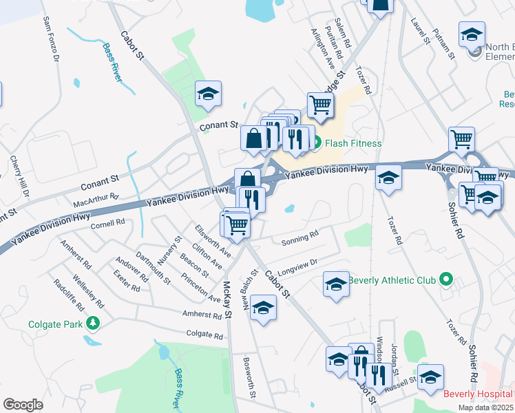 map of restaurants, bars, coffee shops, grocery stores, and more near 8 Dodge Street in Beverly