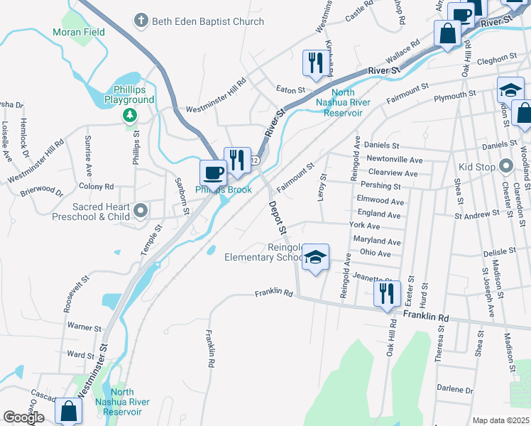 map of restaurants, bars, coffee shops, grocery stores, and more near 102 Depot Street in Fitchburg