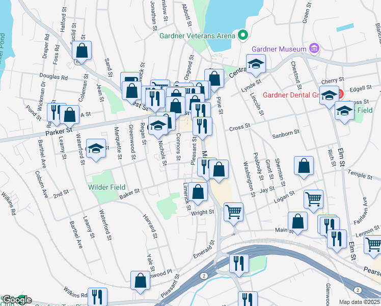 map of restaurants, bars, coffee shops, grocery stores, and more near 148 Pleasant Street in Gardner