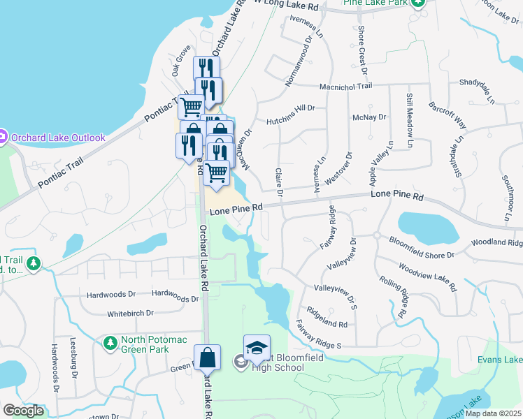 map of restaurants, bars, coffee shops, grocery stores, and more near 3805 Lone Pine Road in West Bloomfield Township