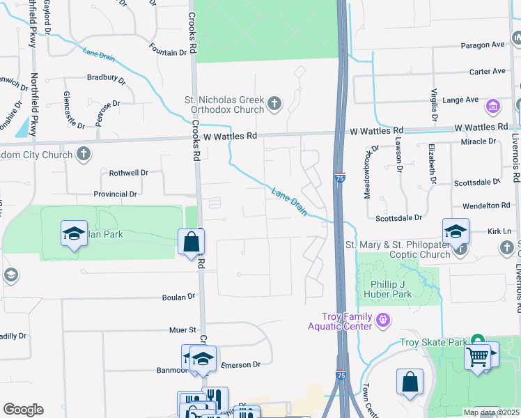 map of restaurants, bars, coffee shops, grocery stores, and more near 845 Superior Drive in Troy