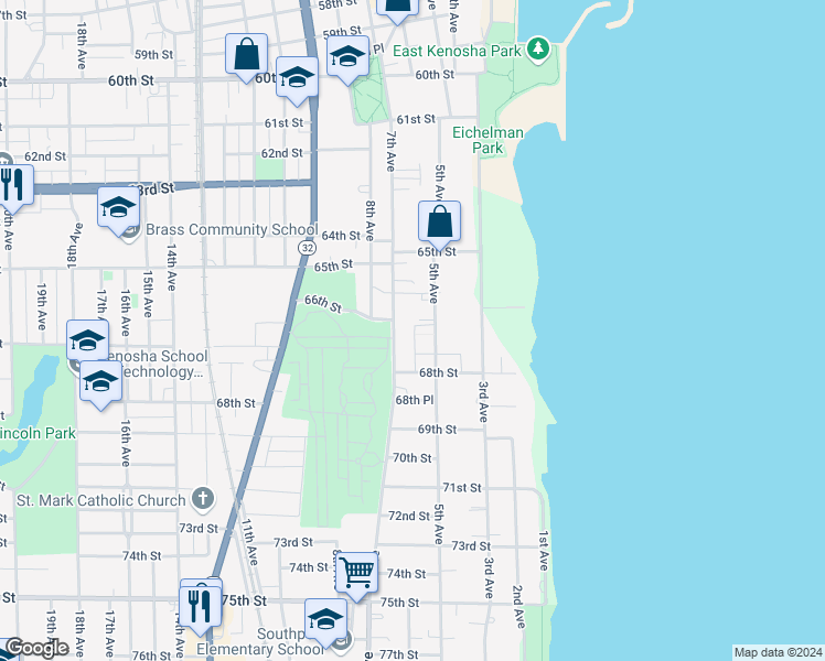 map of restaurants, bars, coffee shops, grocery stores, and more near 602 66th Street in Kenosha