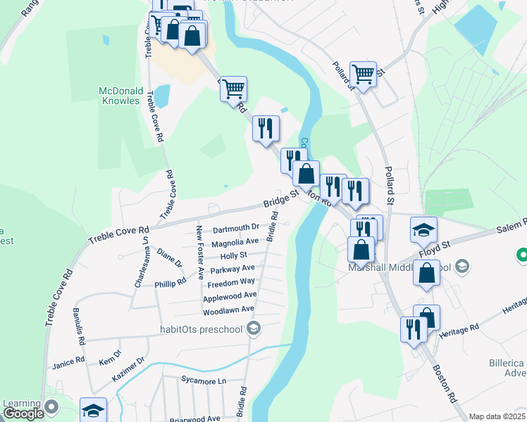 map of restaurants, bars, coffee shops, grocery stores, and more near 7 Dartmouth Drive in Billerica