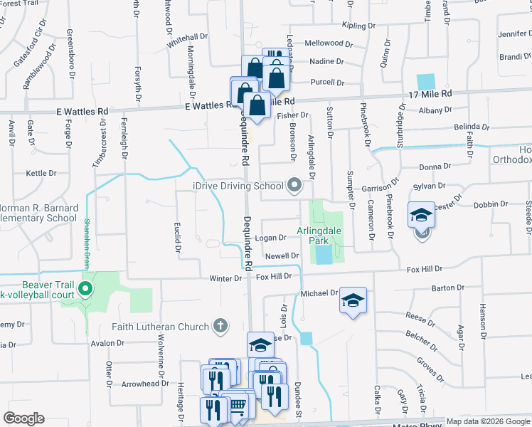 map of restaurants, bars, coffee shops, grocery stores, and more near 2030 Keystone Drive in Sterling Heights