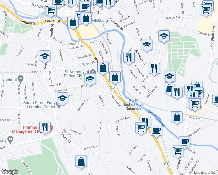 map of restaurants, bars, coffee shops, grocery stores, and more near 55 Albee Street in Fitchburg