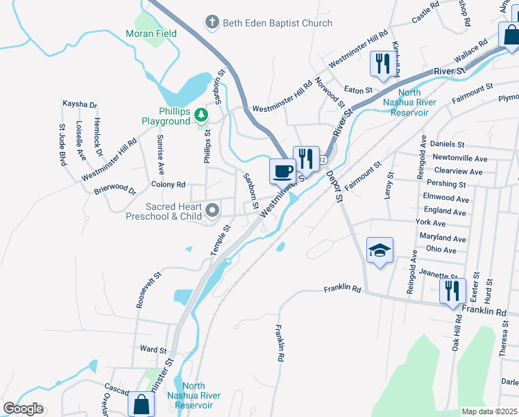 map of restaurants, bars, coffee shops, grocery stores, and more near 2 Vernon Street in Fitchburg