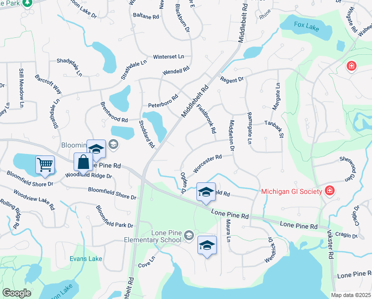 map of restaurants, bars, coffee shops, grocery stores, and more near 2554 Ogden Drive in West Bloomfield Township