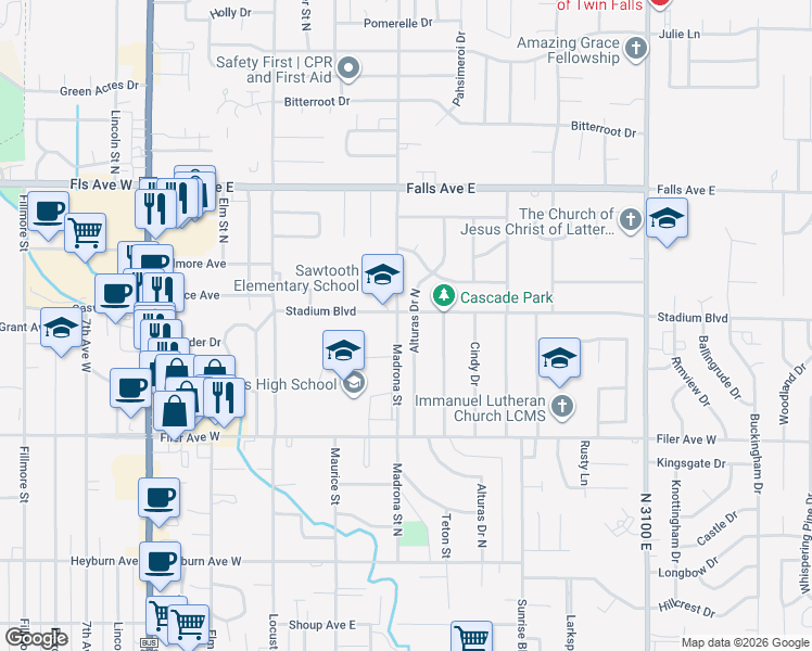 map of restaurants, bars, coffee shops, grocery stores, and more near 651 Alturas Drive North in Twin Falls
