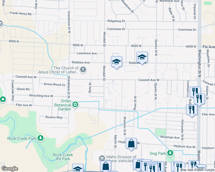 map of restaurants, bars, coffee shops, grocery stores, and more near 671 Saratoga Drive in Twin Falls