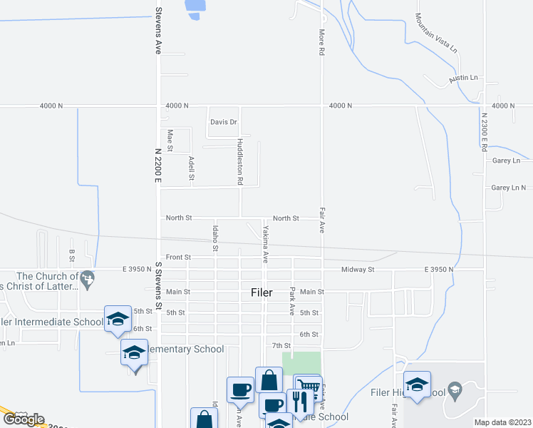 map of restaurants, bars, coffee shops, grocery stores, and more near 234 North Street in Filer