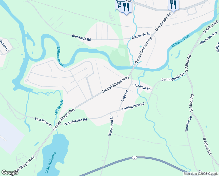 map of restaurants, bars, coffee shops, grocery stores, and more near 636 Daniel Shays Highway in Athol