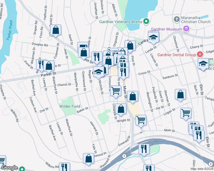 map of restaurants, bars, coffee shops, grocery stores, and more near 125 Connors Street in Gardner