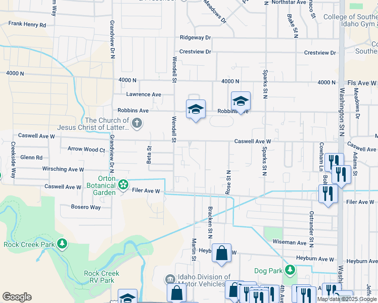 map of restaurants, bars, coffee shops, grocery stores, and more near 617 Saratoga Drive in Twin Falls