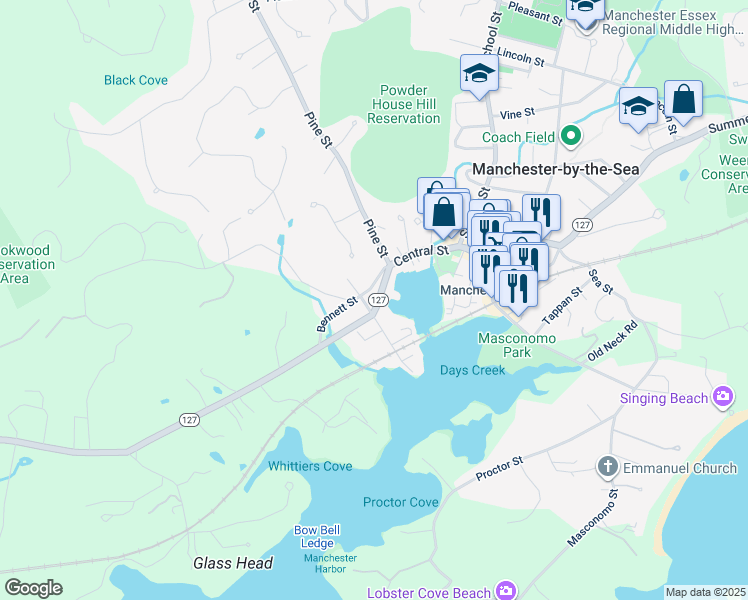 map of restaurants, bars, coffee shops, grocery stores, and more near 28 Bridge Street in Manchester-by-the-Sea