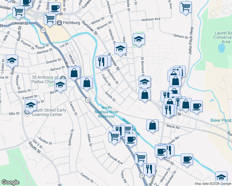 map of restaurants, bars, coffee shops, grocery stores, and more near 41 Smith Street in Fitchburg