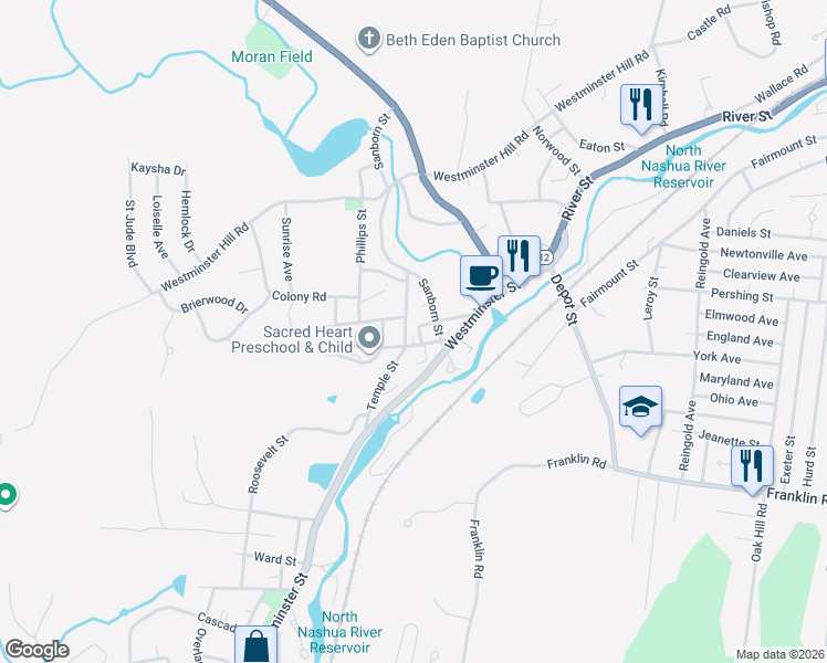 map of restaurants, bars, coffee shops, grocery stores, and more near 2 Vernon Street in Fitchburg