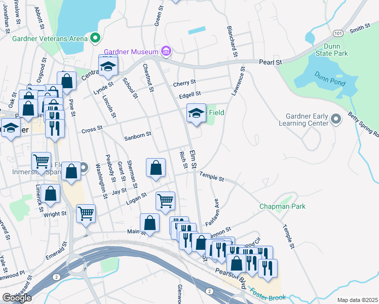 map of restaurants, bars, coffee shops, grocery stores, and more near 38 Rich Street in Gardner