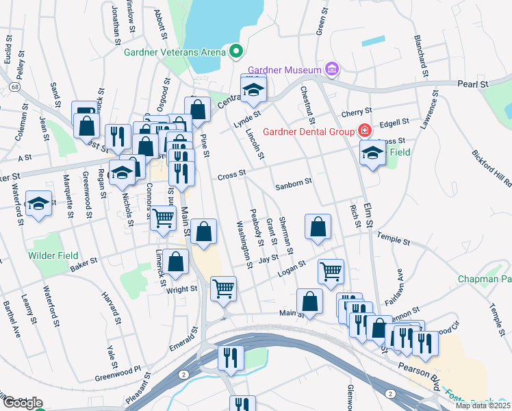 map of restaurants, bars, coffee shops, grocery stores, and more near 76 Grant Street in Gardner