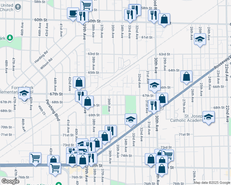 map of restaurants, bars, coffee shops, grocery stores, and more near 6711 35th Avenue in Kenosha