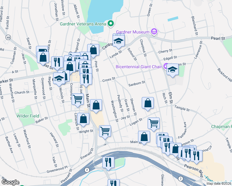 map of restaurants, bars, coffee shops, grocery stores, and more near 53 Peabody Street in Gardner