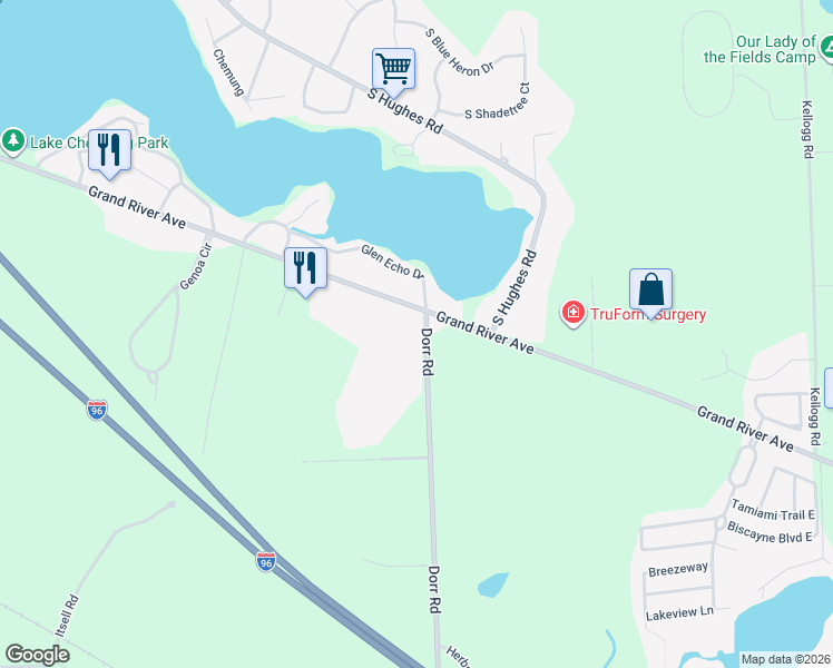 map of restaurants, bars, coffee shops, grocery stores, and more near 1800 Dorr Road in Howell