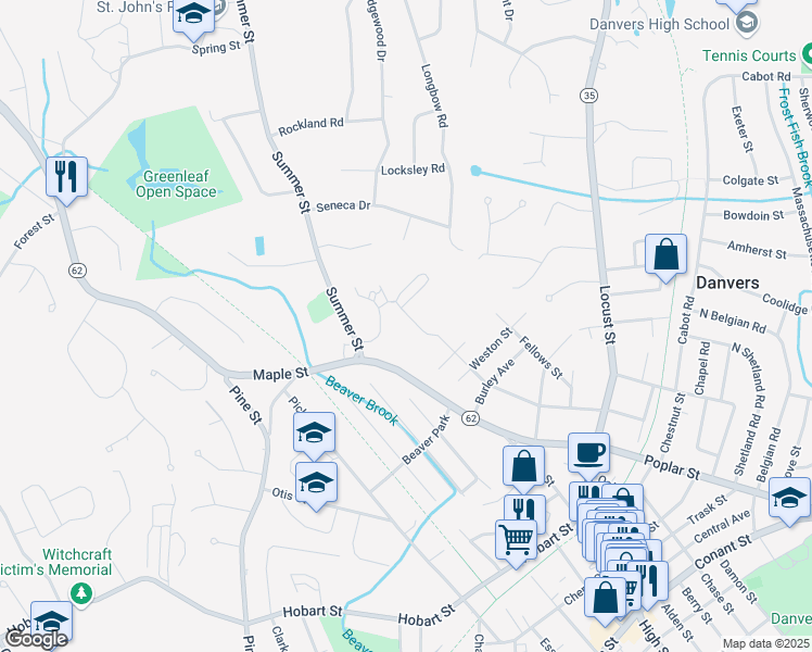 map of restaurants, bars, coffee shops, grocery stores, and more near 90 Lindall Street in Danvers