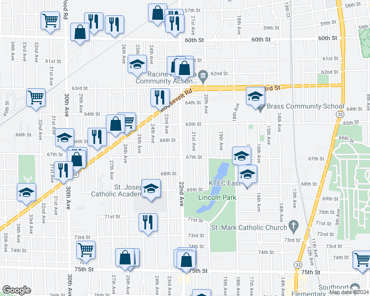 map of restaurants, bars, coffee shops, grocery stores, and more near 6615 22nd Avenue in Kenosha