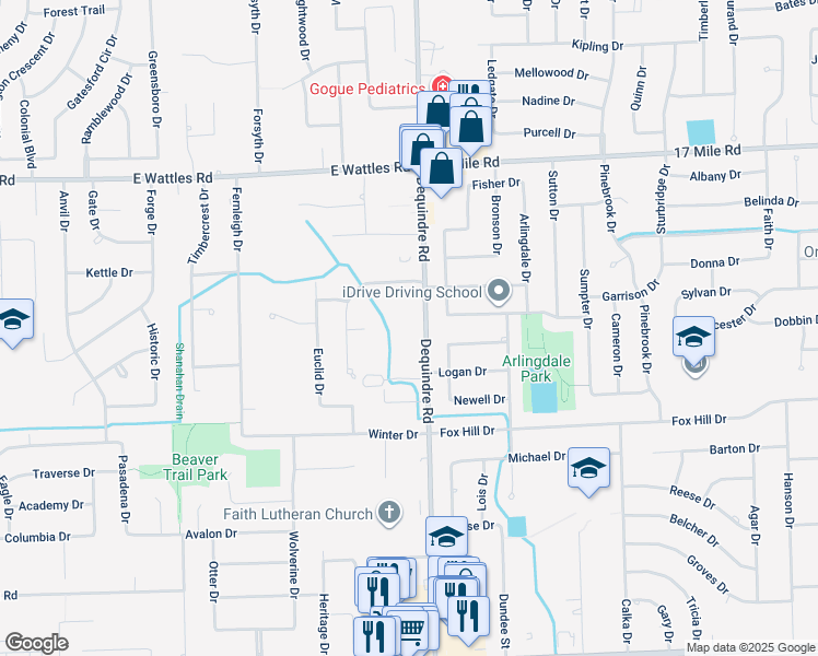map of restaurants, bars, coffee shops, grocery stores, and more near 38465 Dequindre Road in Troy