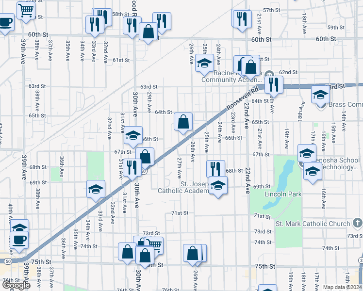 map of restaurants, bars, coffee shops, grocery stores, and more near 2629 Roosevelt Road in Kenosha