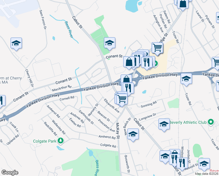 map of restaurants, bars, coffee shops, grocery stores, and more near 620 Cabot Street in Beverly