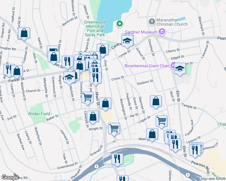 map of restaurants, bars, coffee shops, grocery stores, and more near 125 Pine Street in Gardner