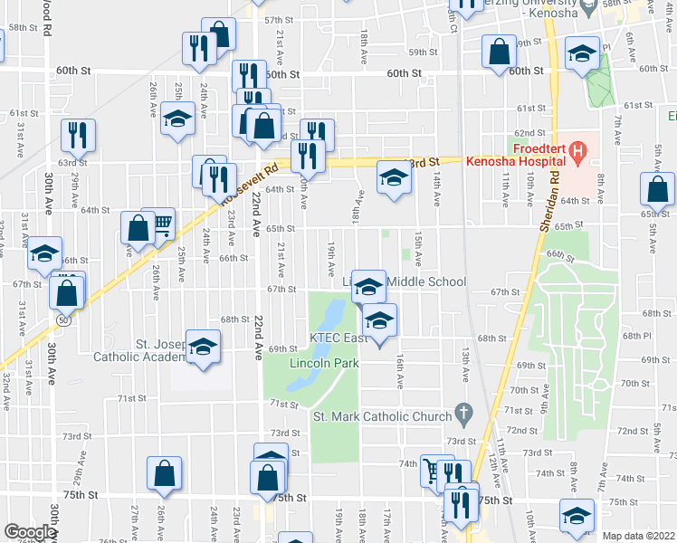 map of restaurants, bars, coffee shops, grocery stores, and more near 6526 18th Avenue in Kenosha