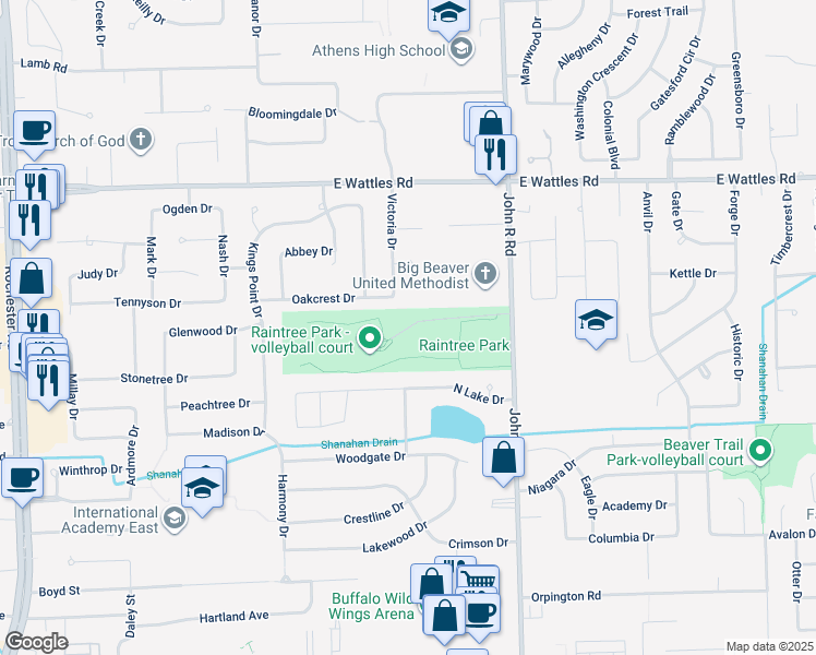 map of restaurants, bars, coffee shops, grocery stores, and more near Raintree Park Ent Drive in Troy