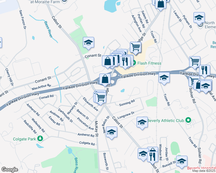 map of restaurants, bars, coffee shops, grocery stores, and more near 21 Dodge Street in Beverly