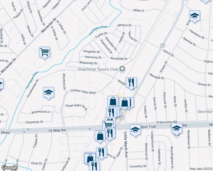 map of restaurants, bars, coffee shops, grocery stores, and more near 20200 Weybridge Street in Clinton Township