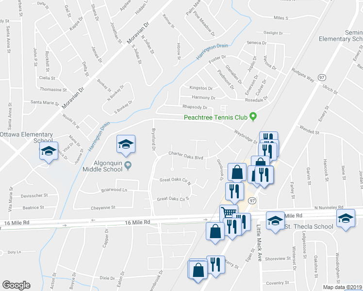 map of restaurants, bars, coffee shops, grocery stores, and more near 37391 Charter Oaks Boulevard in Charter Township of Clinton