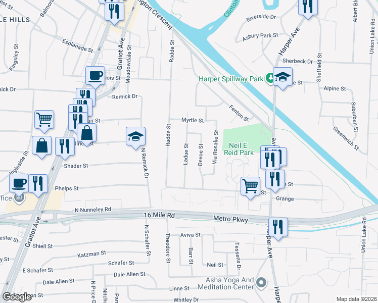 map of restaurants, bars, coffee shops, grocery stores, and more near 37719 Devoe Street in Clinton Township
