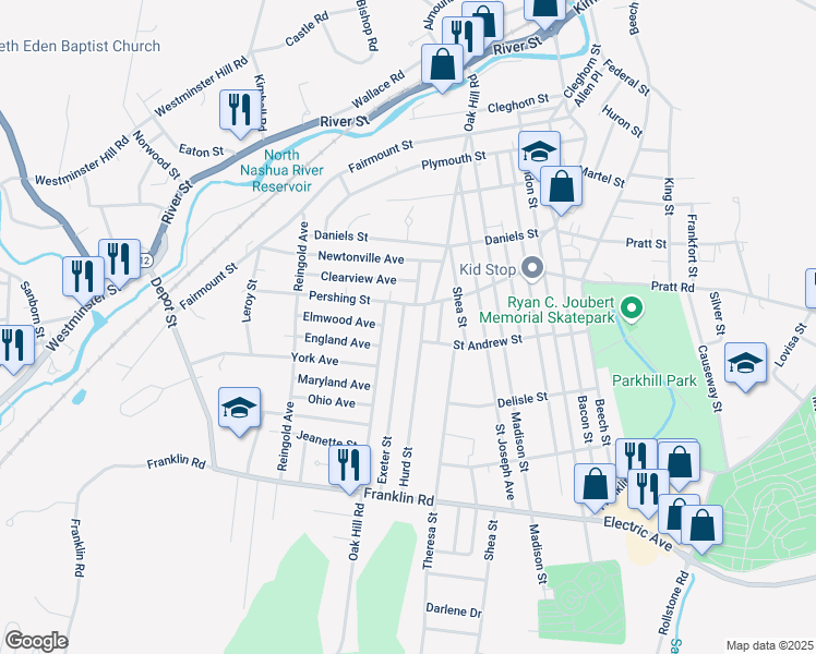 map of restaurants, bars, coffee shops, grocery stores, and more near 277 Oak Hill Road in Fitchburg