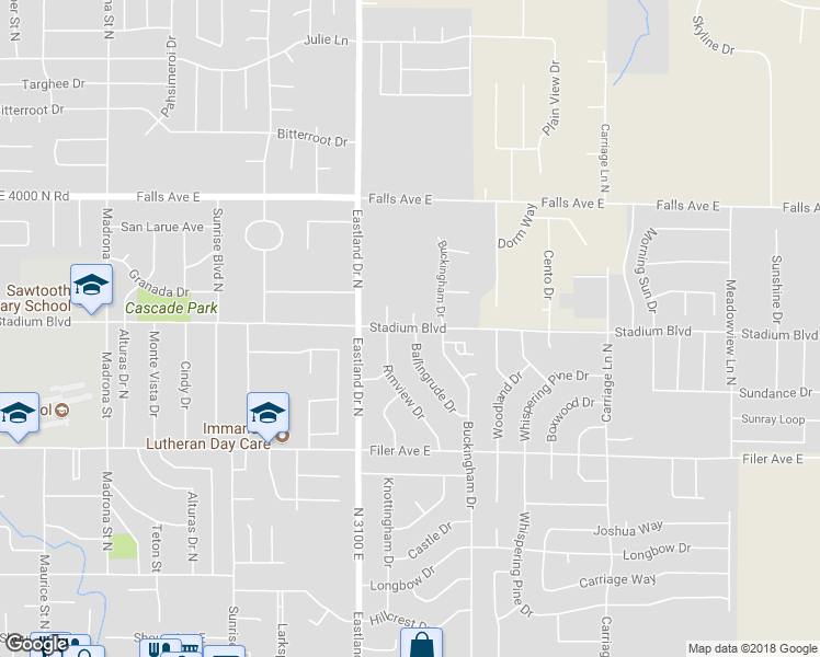 map of restaurants, bars, coffee shops, grocery stores, and more near 2290 Stadium Boulevard in Twin Falls