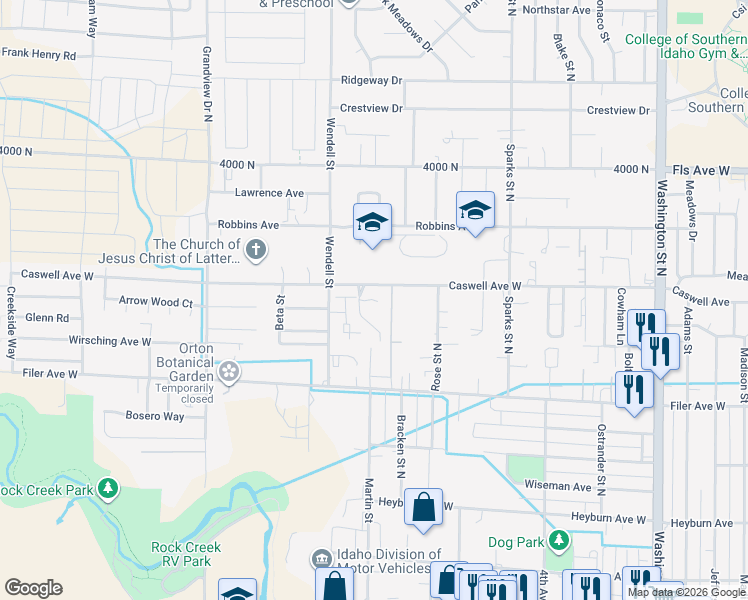 map of restaurants, bars, coffee shops, grocery stores, and more near 607 Windemere Circle in Twin Falls