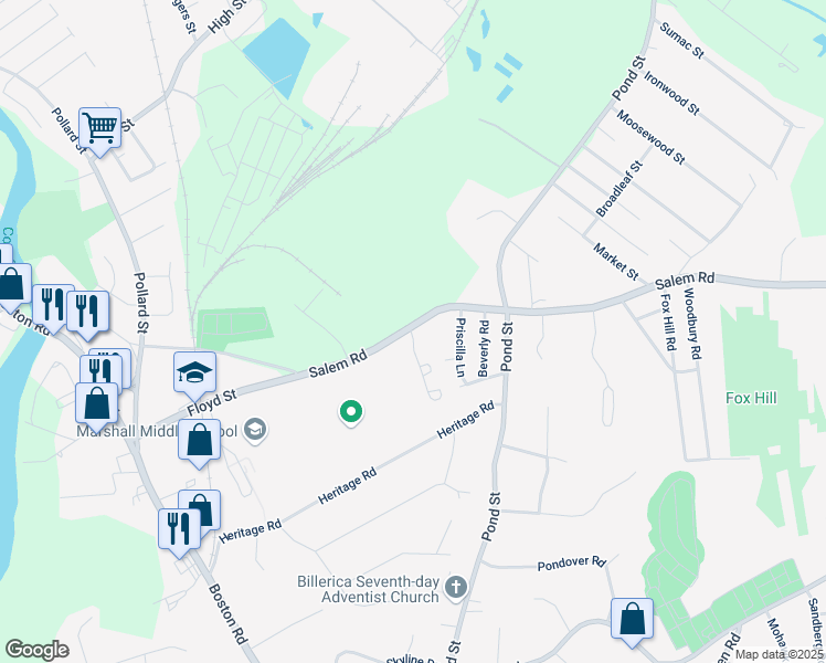 map of restaurants, bars, coffee shops, grocery stores, and more near 87 Salem Road in Billerica