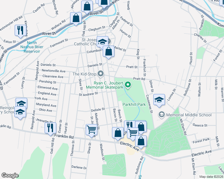 map of restaurants, bars, coffee shops, grocery stores, and more near 180-182 Woodland Street in Fitchburg