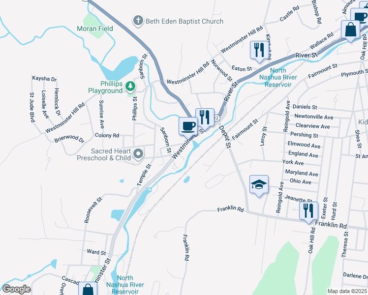 map of restaurants, bars, coffee shops, grocery stores, and more near 1 Simonds Road in Fitchburg