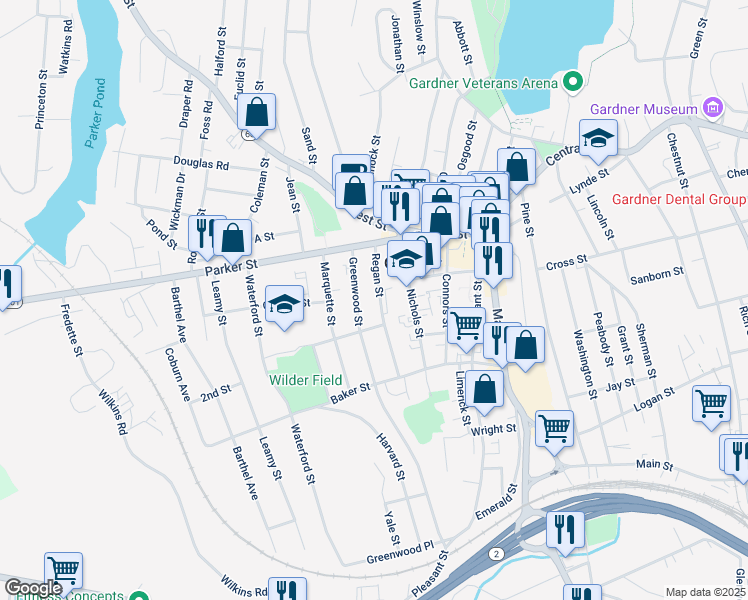 map of restaurants, bars, coffee shops, grocery stores, and more near 24 Greenwood Street in Gardner