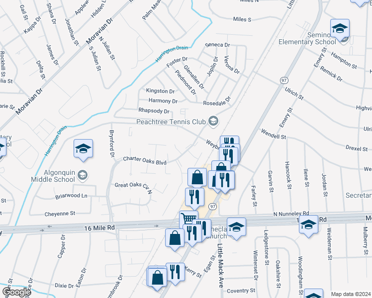map of restaurants, bars, coffee shops, grocery stores, and more near 20200 Weybridge Street in Clinton Township